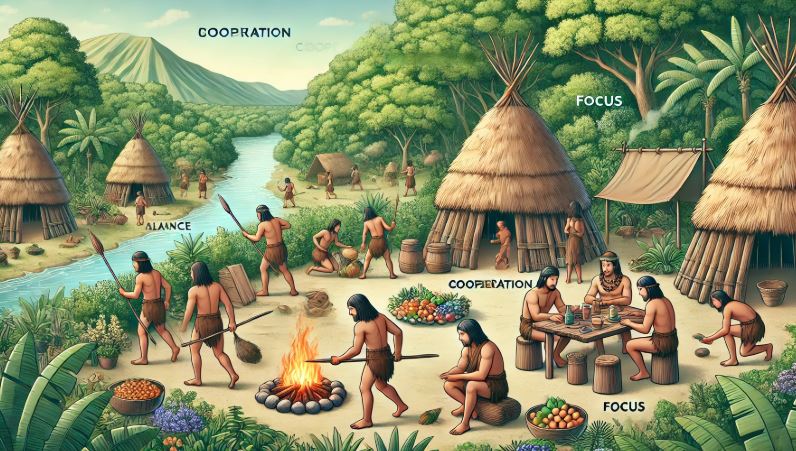 원시 부족 사회의 협력과 균형 잡힌 생활을 생성한 이미지