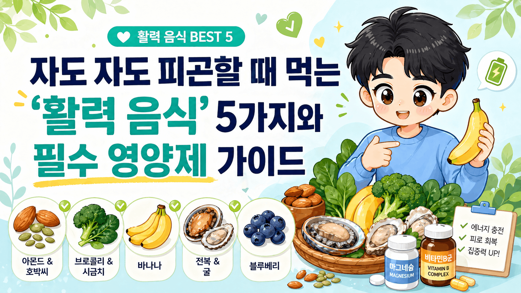 피곤할 때 먹는 '활력 음식' 5가지 요약 인포그래픽 캐릭터 이미지
