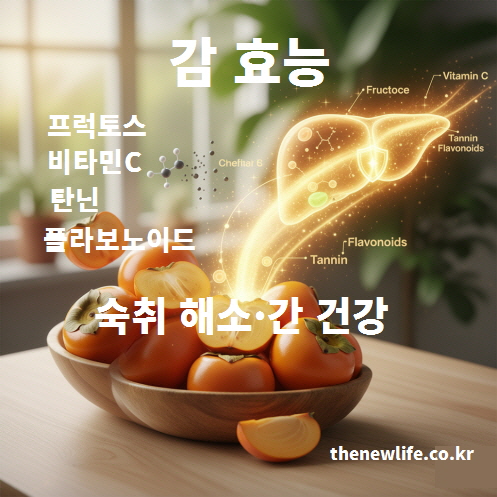감 효능을 상징하는 인공 이미지, 비타민C와 탄닌&middot;플라보노이드가 간 건강과 숙취 해소에 도움을 주는 그래픽