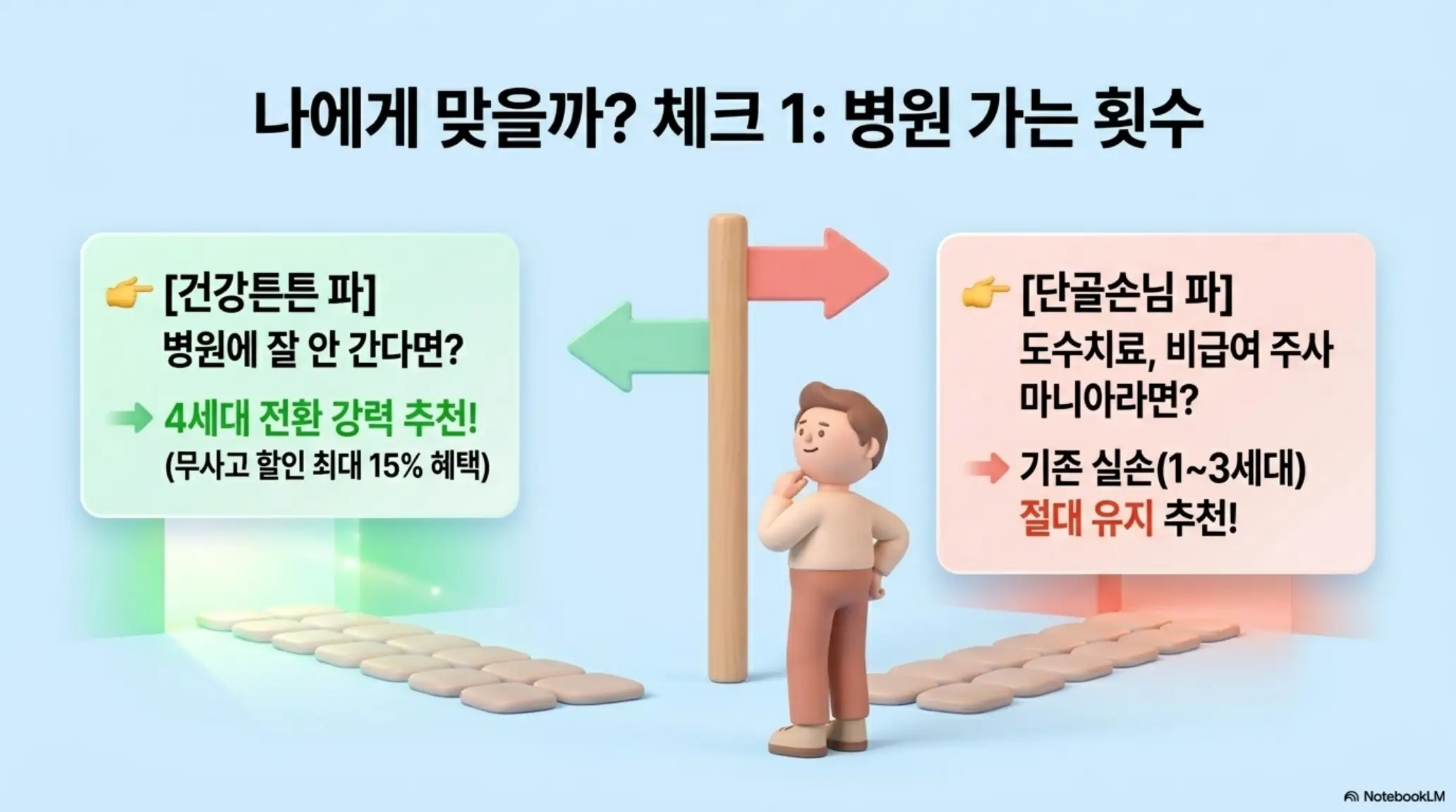 실손보험 4세대 전환 판단 기준으로 병원을 잘 안 가는 건강 파와 도수치료를 자주 받는 단골 파를 비교한 갈림길 인포그래픽 이미지 