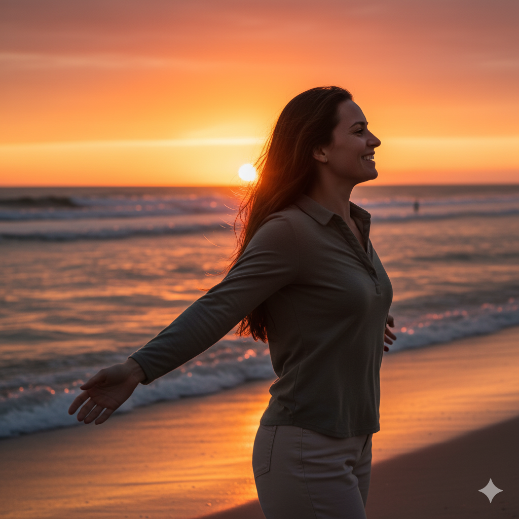 노을 지는 아름다운 해변, 바람을 맞으며 다시 활짝 웃는 지적이고 아름다운 여성 모델의 측면.