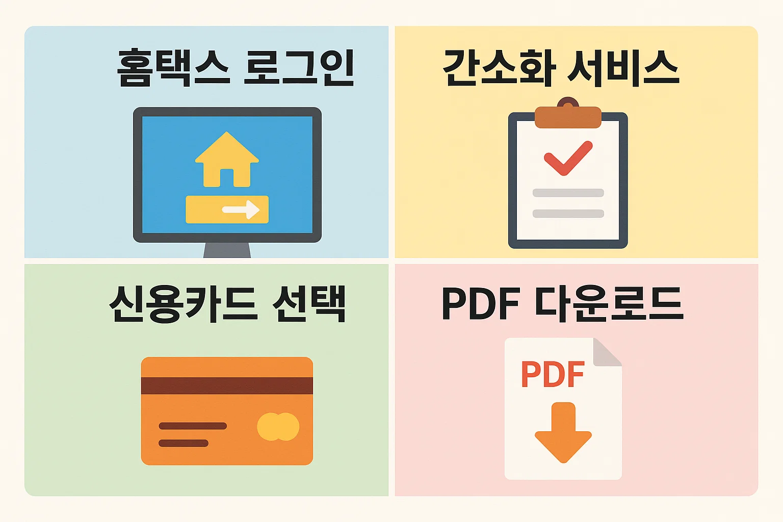 홈택스 로그인 이후 신용카드 선택부터 사용내역확인서 PDF 다운로드까지 연말정산 발급 절차를 단계별로 정리한 실전 가이드 이미지입니다