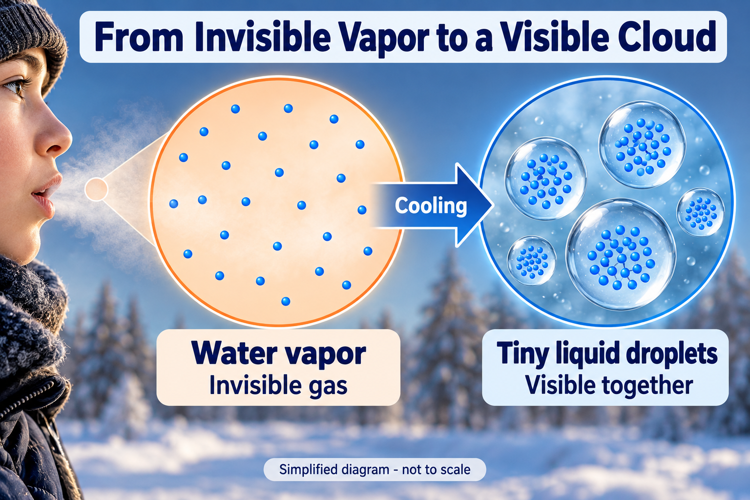 A schematic zoom shows invisible water vapor cooling and forming tiny liquid water droplets
