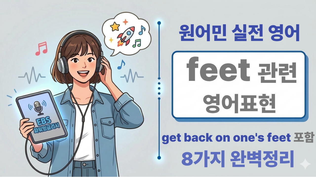 feet 관련 영어 이디엄 8가지(get back on one’s feet, drag one’s feet 등)를 표와 예문으로 정리한 학습 이미지