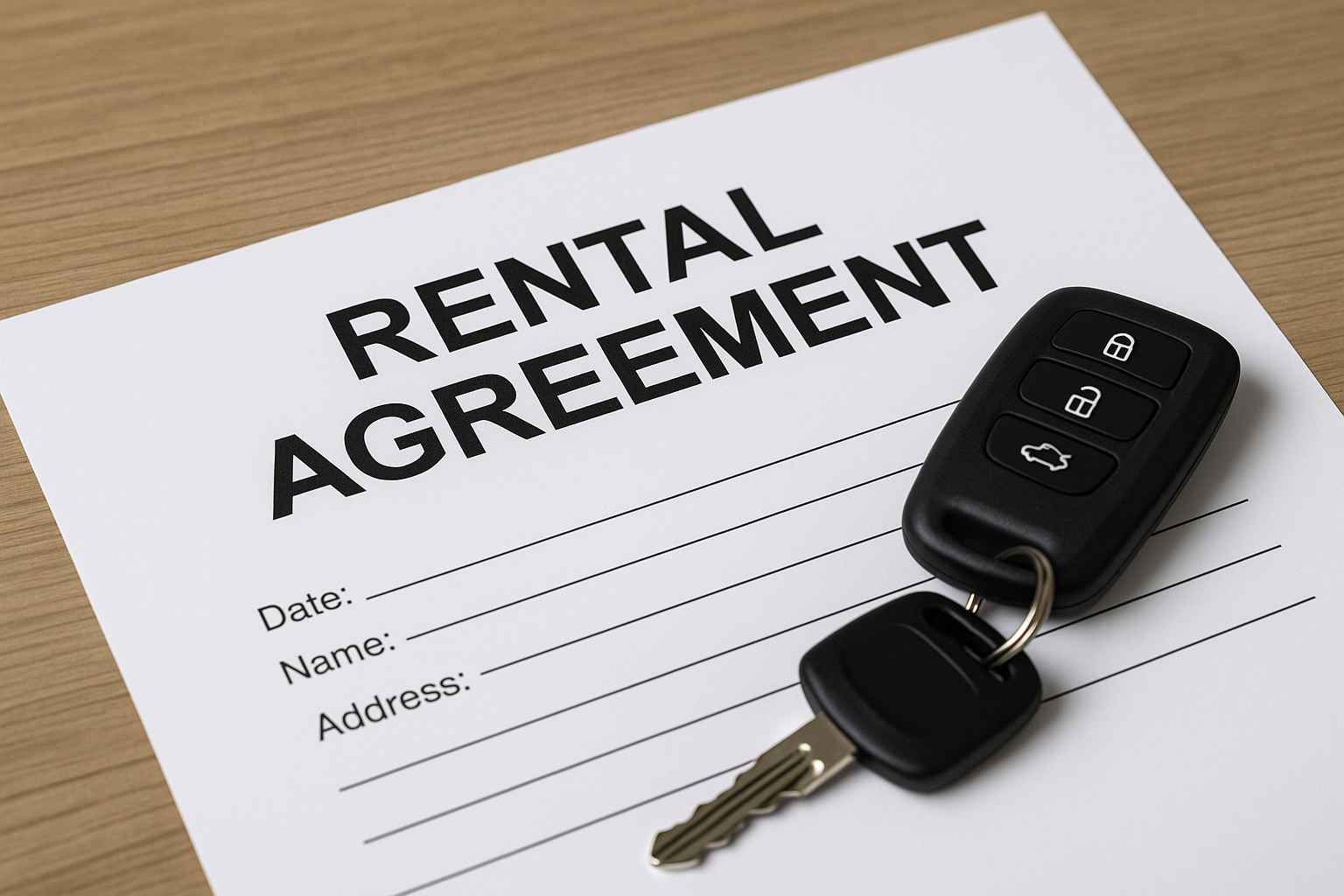 자동차 렌탈 계약서 위에 놓인 차량 키 실사 이미지