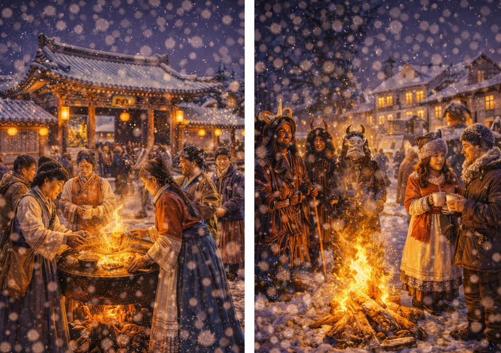 옛날 겨울 축제와 전통 의상 사진