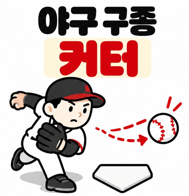 야구공이 짧게 꺾이는 궤적과 투수 아이콘 옆에 야구 구종 커터 문구를 크게 보여주는 대표 카드