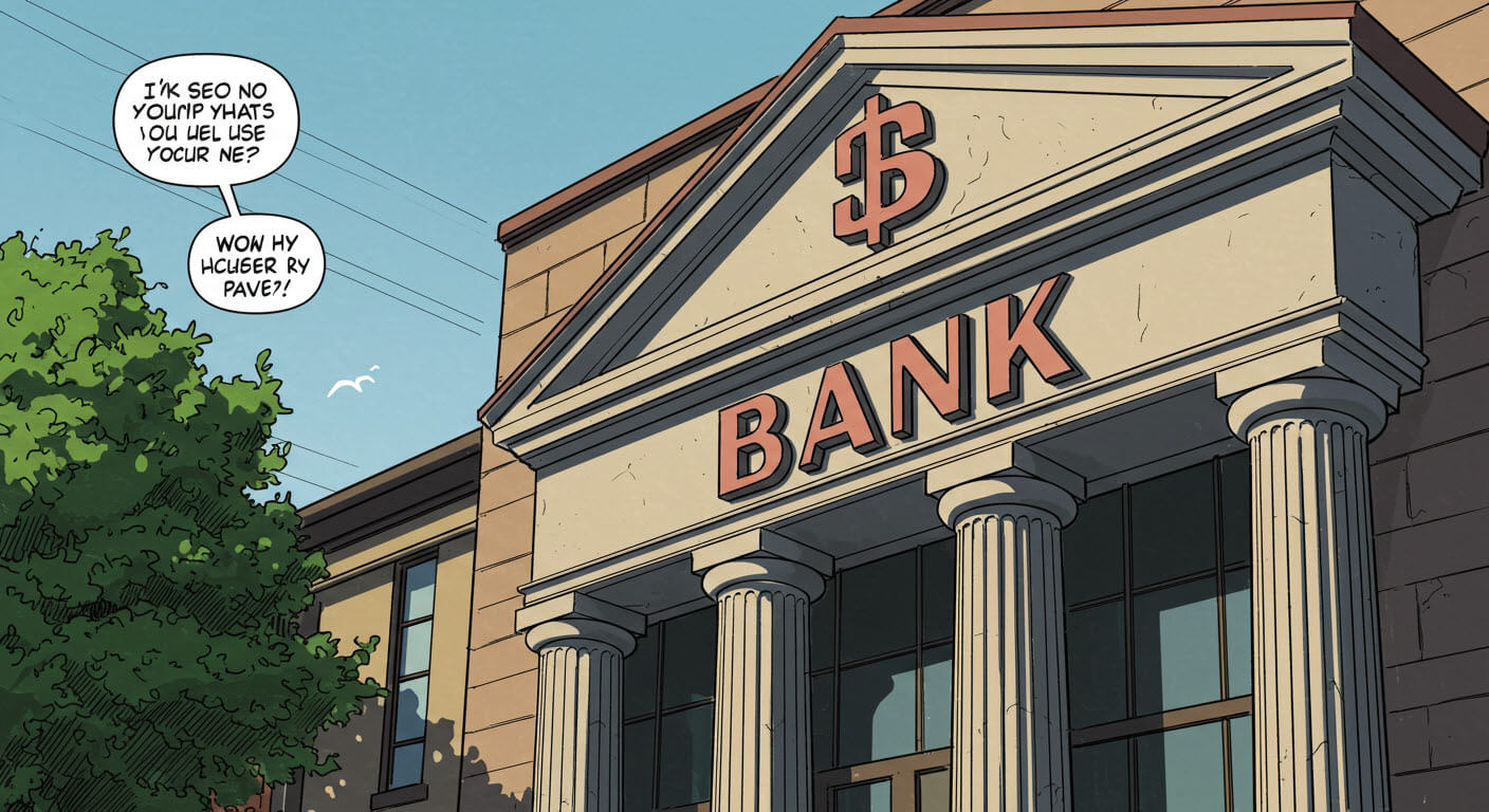 큰 건물에 bank 라는 것과 $ 라는 간판이 걸려있는 삽화