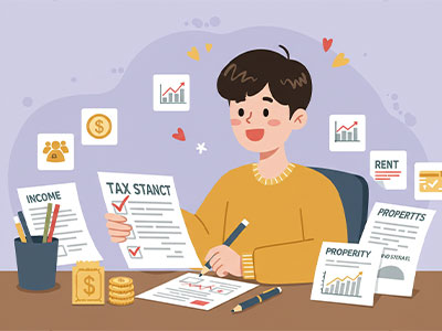 책상에 앉아 세금 서류를 작성 중인 남성 일러스트. 주변에는 ‘INCOME’, ‘TAX STATEMENT’, ‘PROPERTIES’ 등 관련 문서와 동전, 차트 등이 배치되어 있으며, 세무 준비 상황을 묘사.