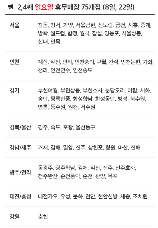 12월 홈플러스 휴무일 - 2,4째주 일요일