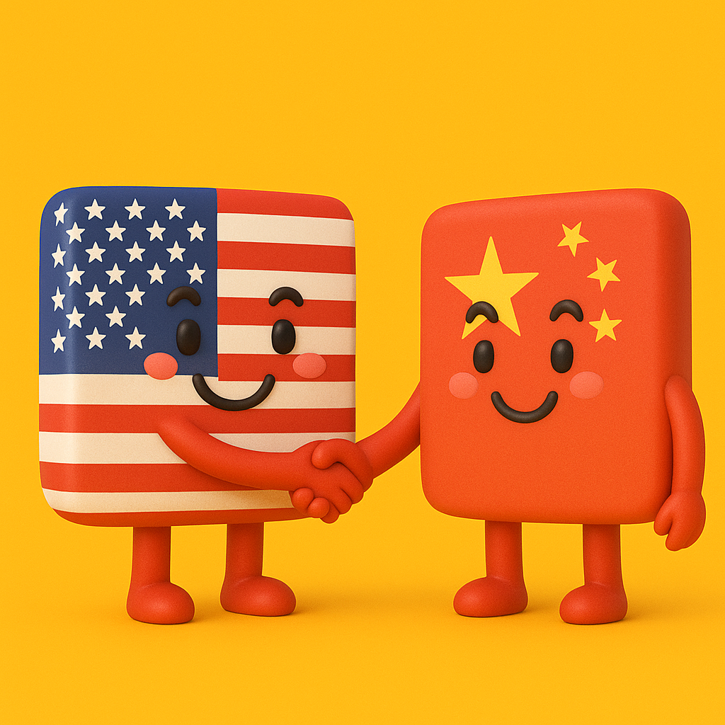 3D 일러스트 스타일의 이미지로, 미국 국기와 중국 국기가 각각 사람처럼 의인화되어 서로 웃으며 악수하는 모습을 표현했습니다. 미국 캐릭터는 빨간색과 흰색 줄무늬에 파란색 별무늬 복장을 하고 있고, 중국 캐릭터는 빨간색 바탕에 노란 별이 그려져 있습니다. 두 캐릭터는 밝은 노란색 배경 위에서 우호적으로 악수하며 미소 짓고 있습니다.