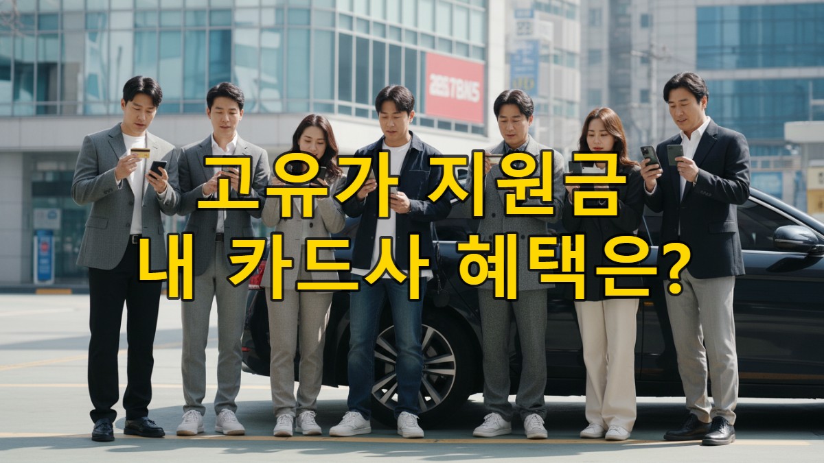 2026 고유가 지원금 신청 방법을 찾는 한국인들이 스마트폰과 신용카드를 보며 대화하는 모습, 주유소 배경.