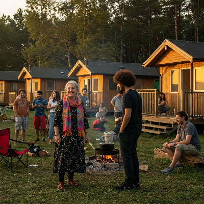 여러채의 카라핑하우스 야외에서 주민들이 함께하는 이미지