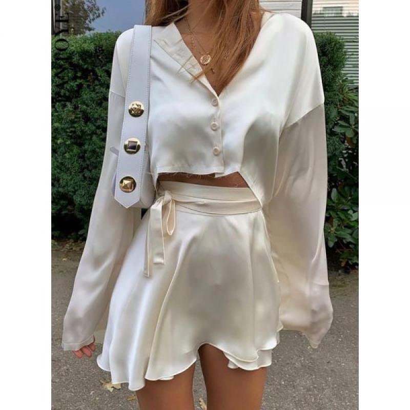 새틴 투피스 드레스 세트 라운드넥 버튼 탑