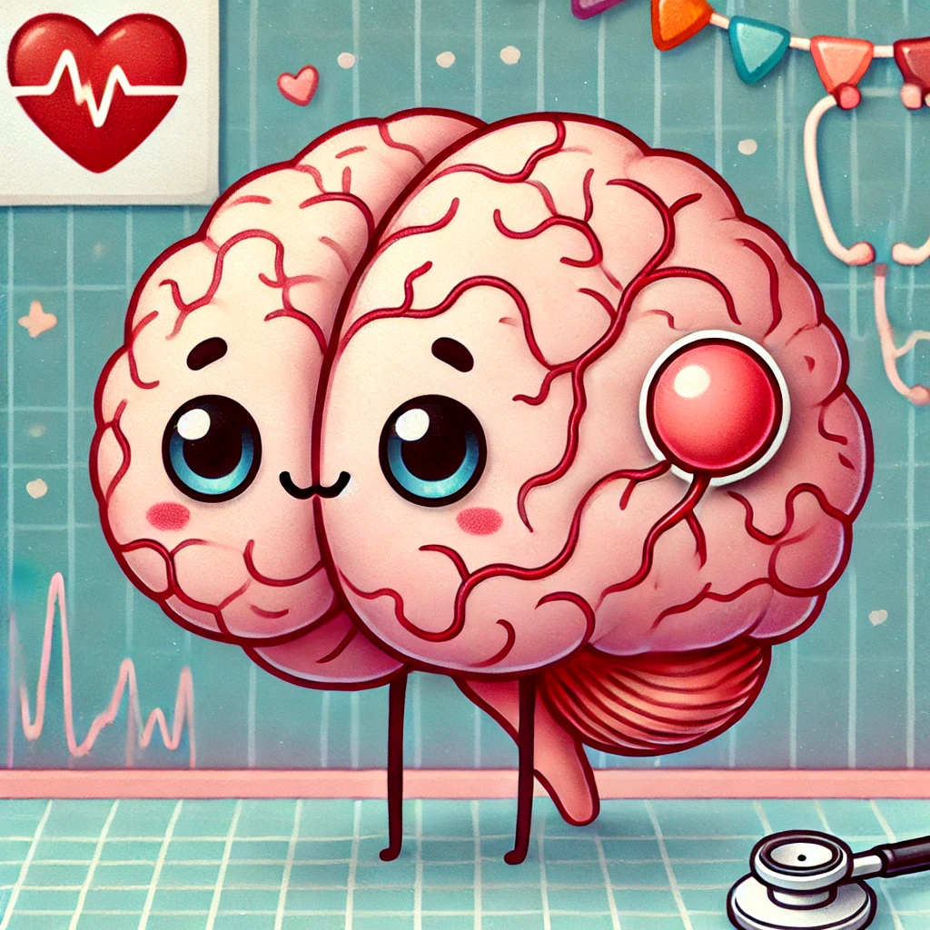 뇌의 왼쪽 혈관 한 부분이 부풀어 있는 모습을 표현한 일러스트