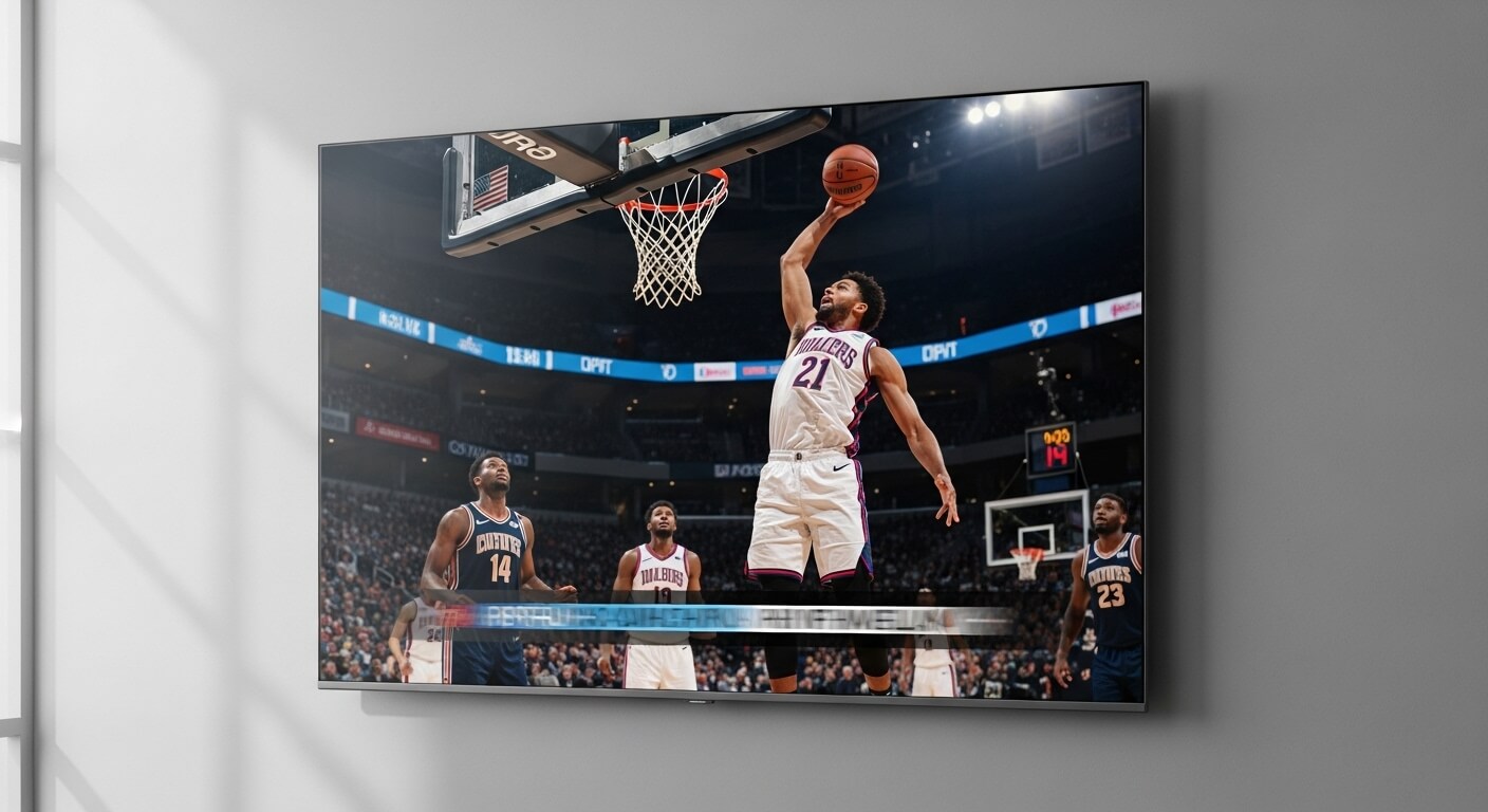 TV 화면에 농구 선수의 덩크슛 장면이 크게 비친 모습