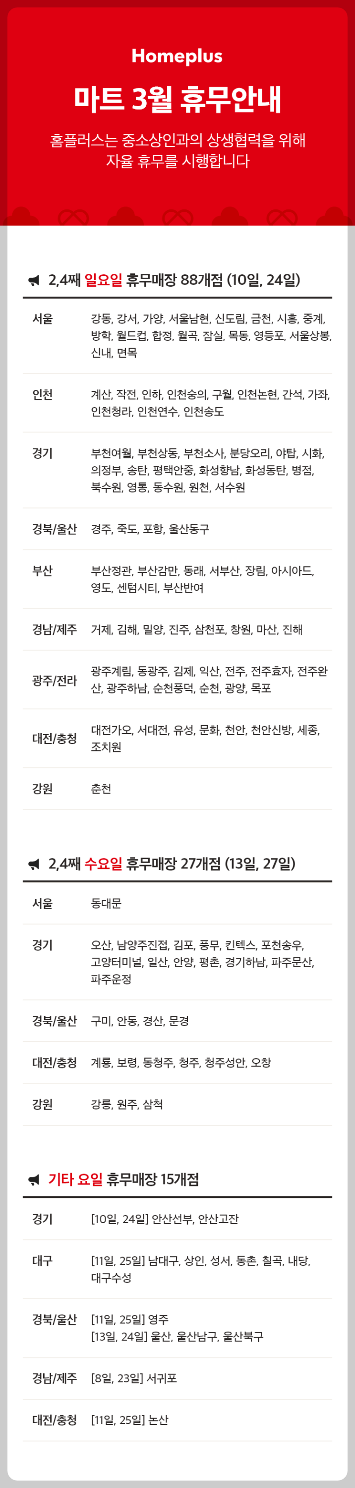 3월 홈플러스 휴무일 영업시간