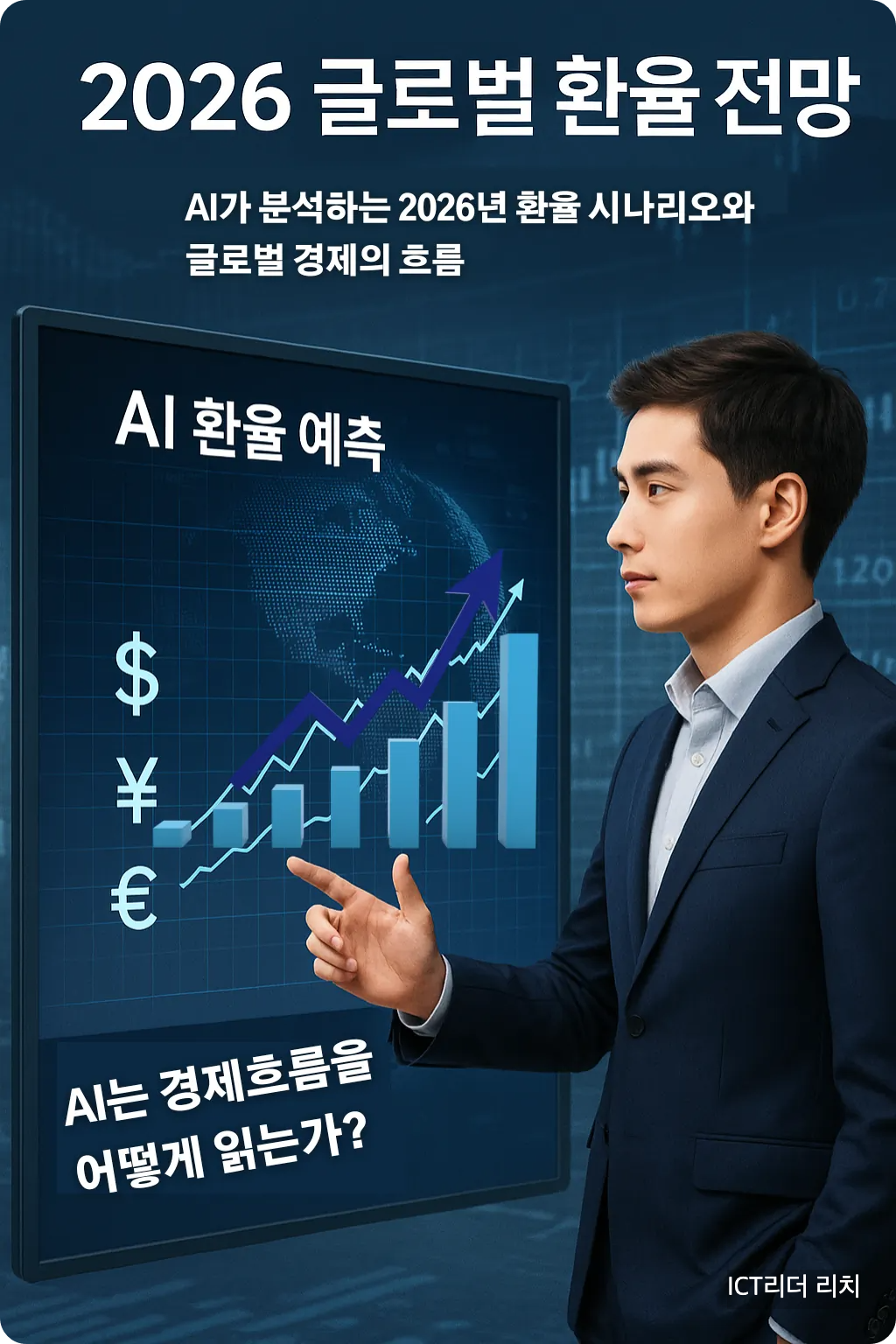 환율 변동 그래프를 분석하는 20대 남성 금융전문가가 등장하는 AI 환율 예측 인포그래픽.