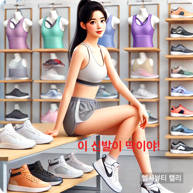 운동화 매장에서 착용 테스트 중인 젊은 한국 여성 일러스트