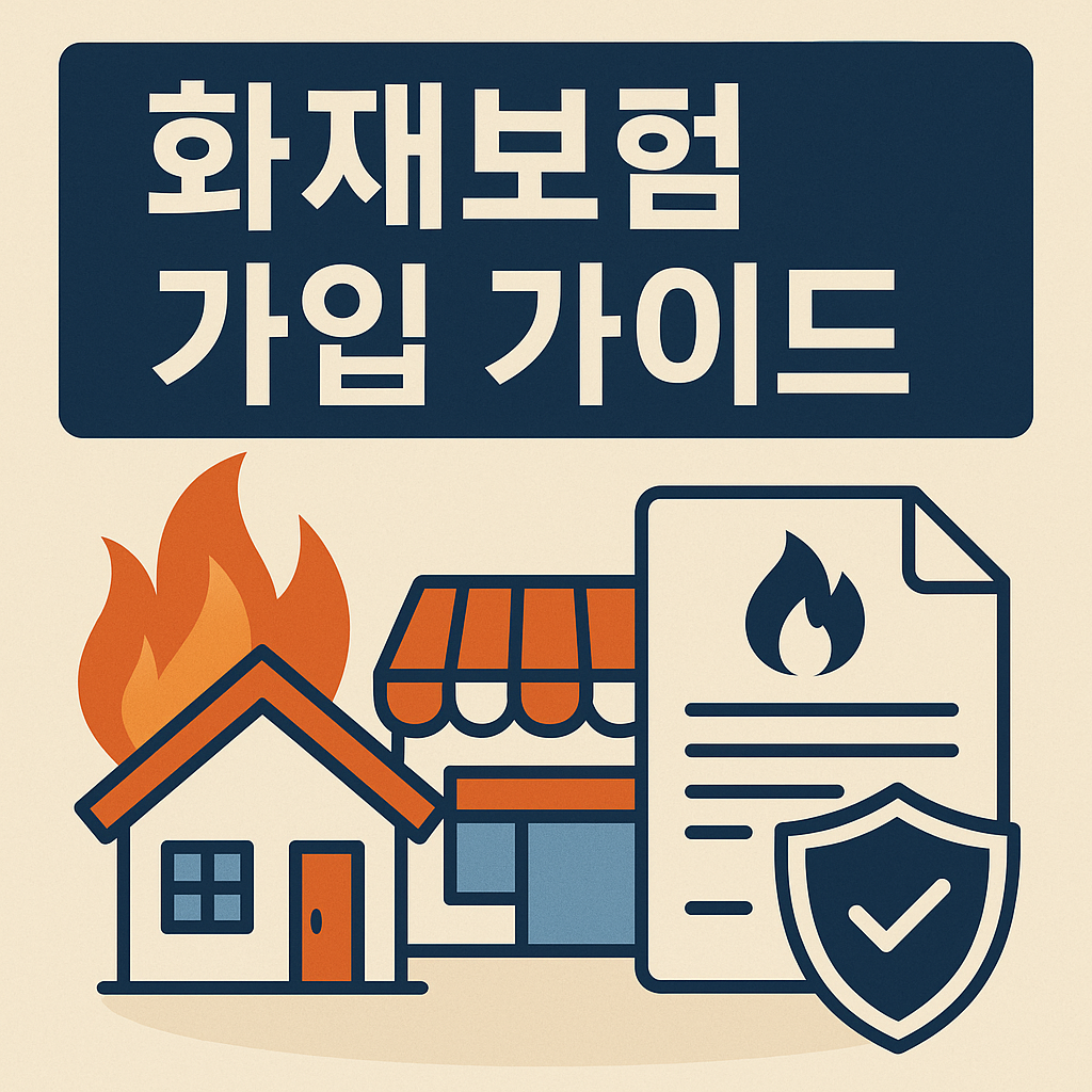 화재보험 가입 가이드 썸네일 – 집과 음식점 아이콘, 불꽃, 보험 서류와 방패가 조합된 일러스트 이미지