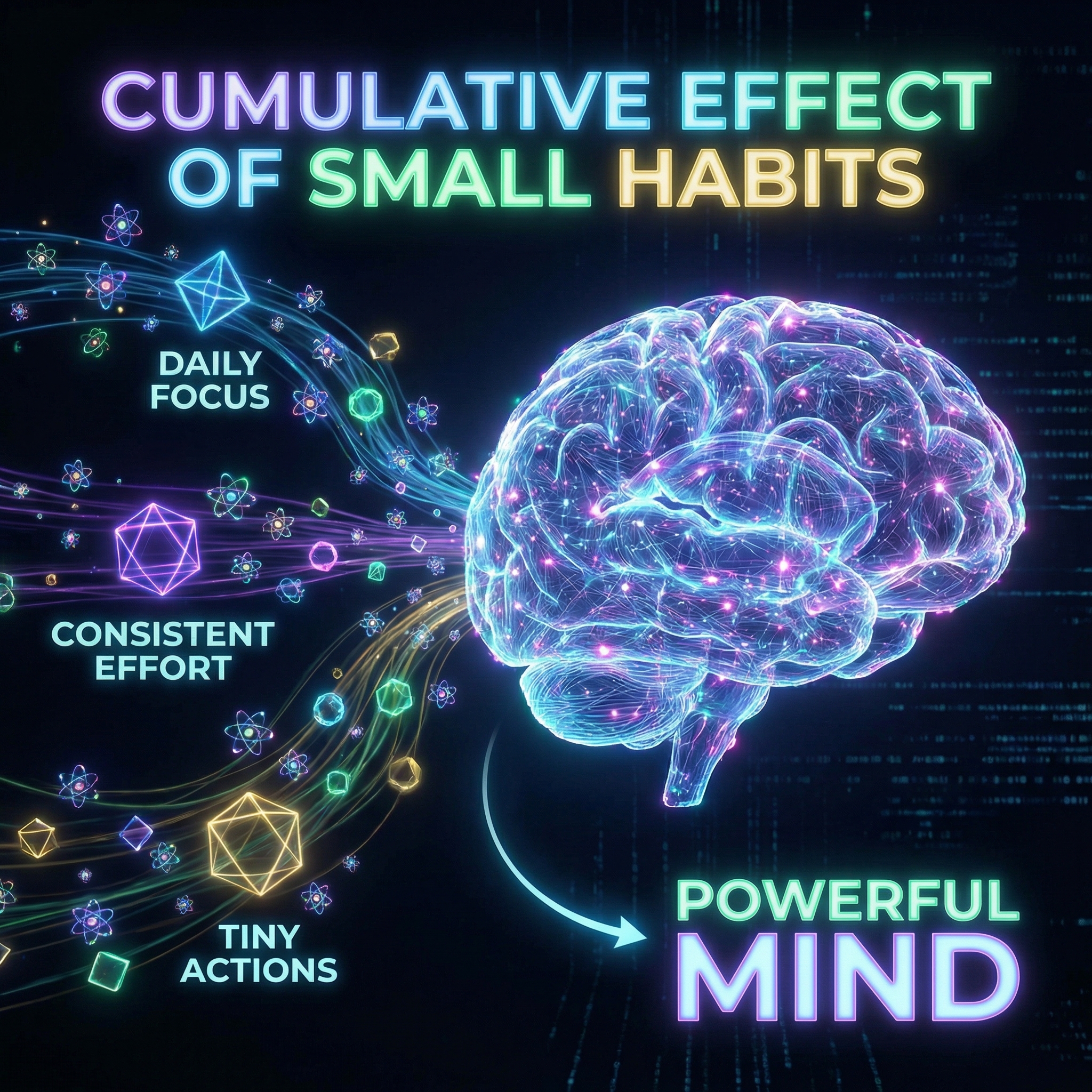 작은 원자들이 모여 거대하고 빛나는 인간의 뇌 형태를 구성하는 창의적인 인포그래픽 스타일의 3D 렌더링. '아주 작은 습관'들이 모여 강력한 사고방식과 시스템을 구축한다는 개념을 시각화하였으며, 활기찬 색감과 미래지향적인 조명이 돋보이는 고품질 이미지.