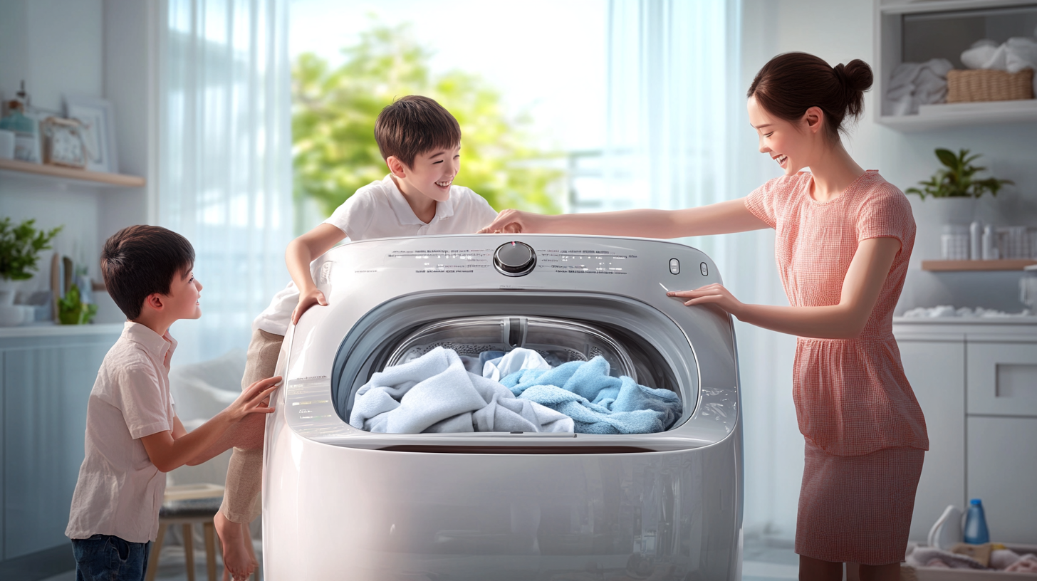 넉넉한 용량을 보여주며 가족이 많은 빨래를 적재 중인 삼성 그랑데 세탁기