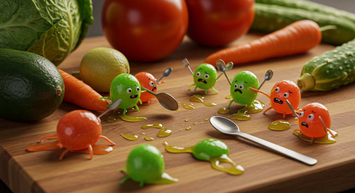 Realistic macro shot of a cutting board showing a war between fresh vegetables and cartoonishly shaped bacteria made of slime and jelly.