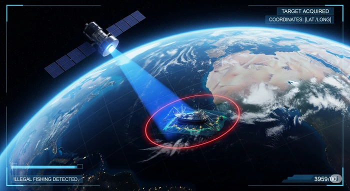 위성을 이용해서 불법단속을 하고있는 모습을 표현한 이미지