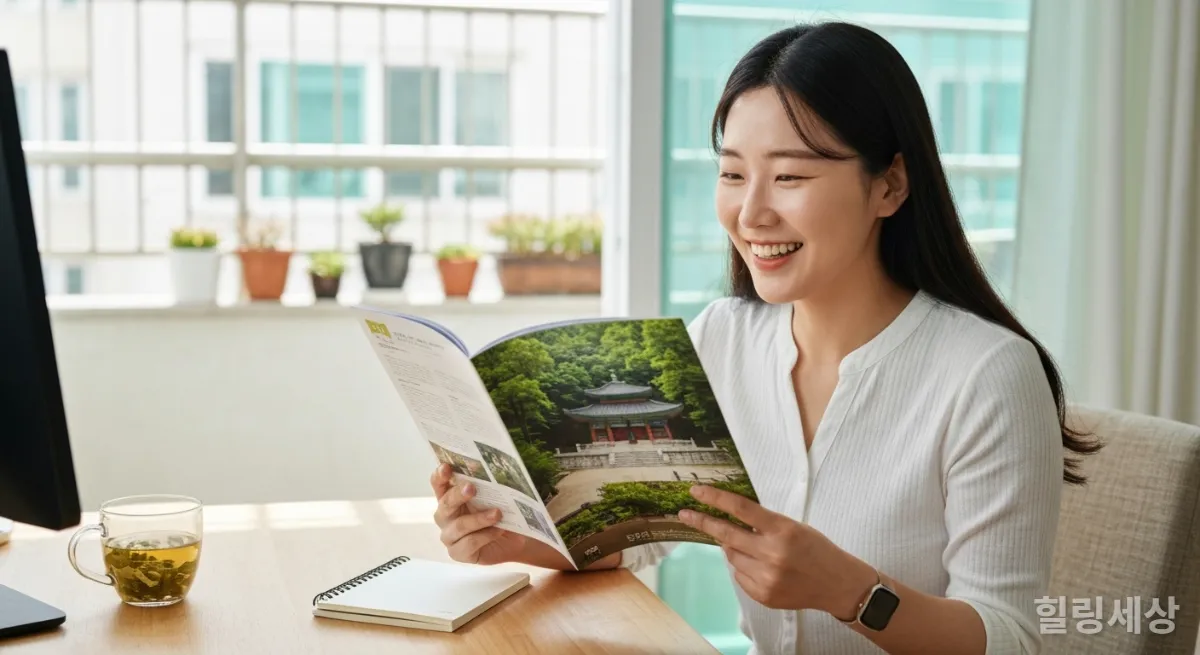 숲속 사찰이 있는 여행 브로슈어를 보며 미소 짓는 한국 여성