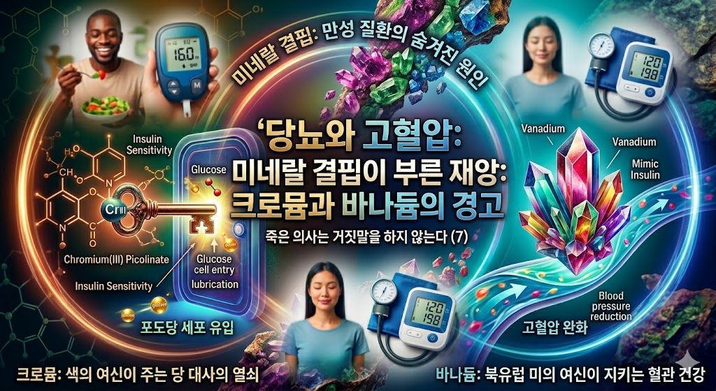 당뇨와 고혈압, 미네랄 결핍이 부른 재앙을 설명하는 인포그래픽 이미지. 중앙에 '당뇨와 고혈압: 미네랄 결핍이 부른 재앙: 크로뮴과 바나듐의 경고'라는 제목이 크게 표시되어 있으며, 왼쪽에는 크로뮴(Chromium III Picolinate)이 인슐린 감수성을 높이고 포도당 세포 유입을 돕는 당 대사의 열쇠 역할을 하는 구조가, 오른쪽에는 바나듐(Vanadium)이 인슐린을 모방하고 혈압을 낮추는 혈관 건강 역할을 하는 구조가 도식화되어 있는 이미지