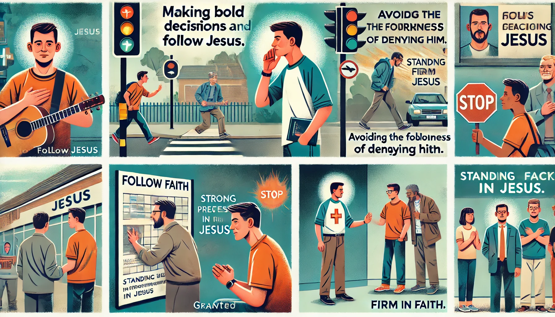 Here is the illustration showing a modern person making bold decisions and actions to follow Jesus, avoiding the foolishness of denying Him. The scenes include the person publicly professing their faith, engaging in acts of service with confidence, and standing firm in their beliefs in challenging situations. The environments depicted are a public place for professing faith, a community service area, and a scenario where the person stands firm in faith, reflecting strength, courage, and unwavering belief in Jesus.