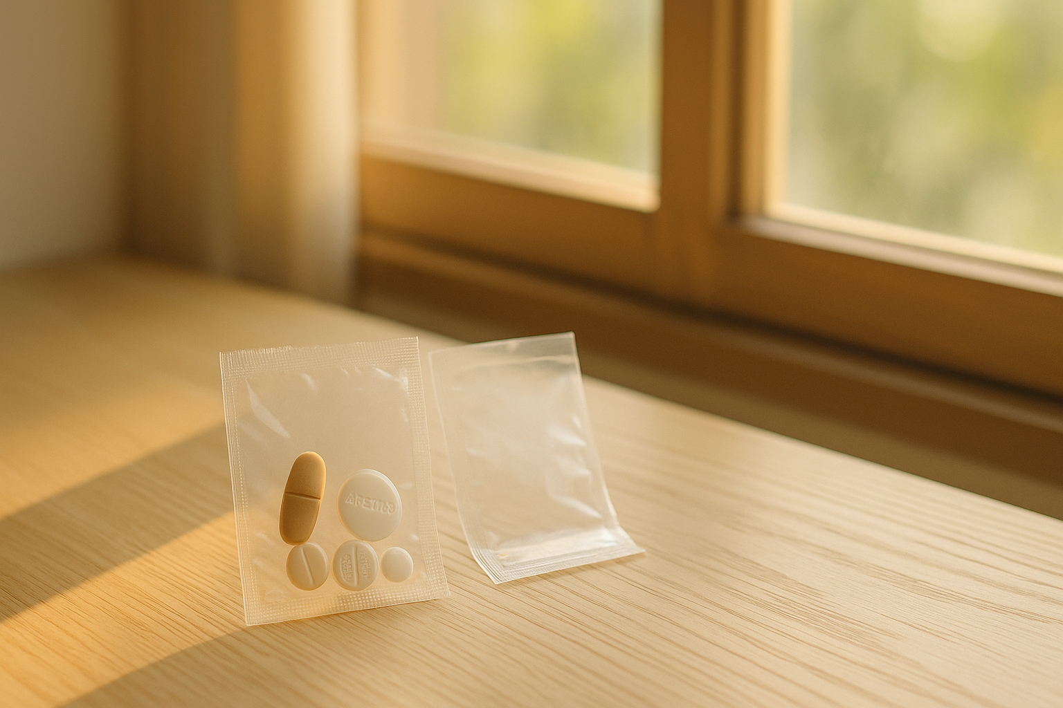 책상 위의 약 봉지 2개