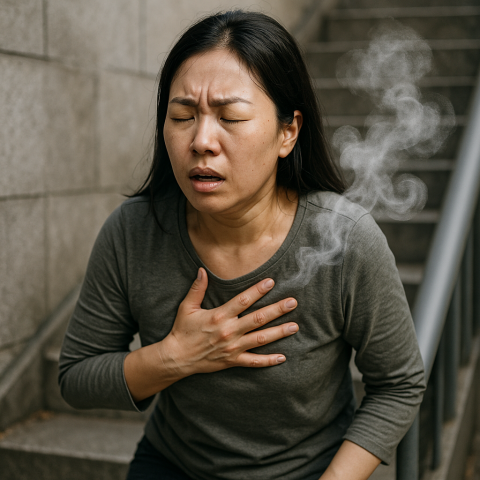 계단을 오르다 숨이 차서 손으로 가슴을 짚고 있는 한국인 여성
