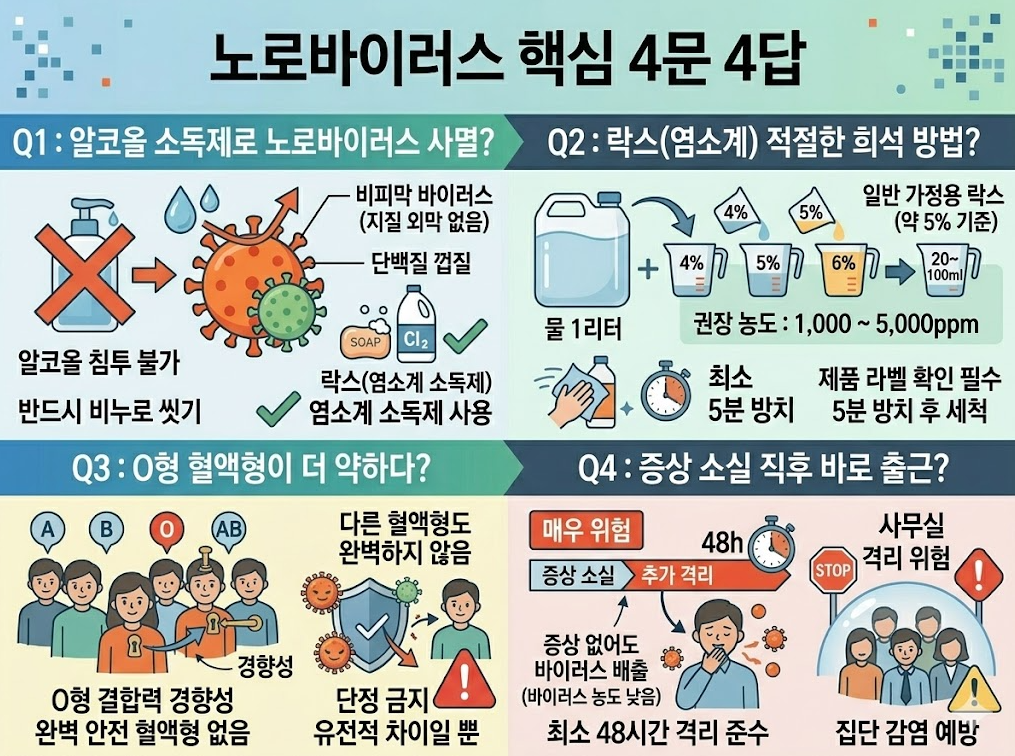 노로바이러스 핵심 Q&amp;A: 알코올 소독 한계, 락스 희석(염소계), 혈액형 경향, 증상 소실 후 48시간 추가 격리 기준