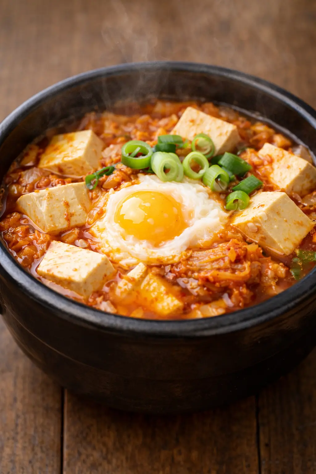김치두부국밥 한 그릇 완성샷, 뜨거운 국물과 두부, 달걀, 대파가 보이는 1인분 국밥