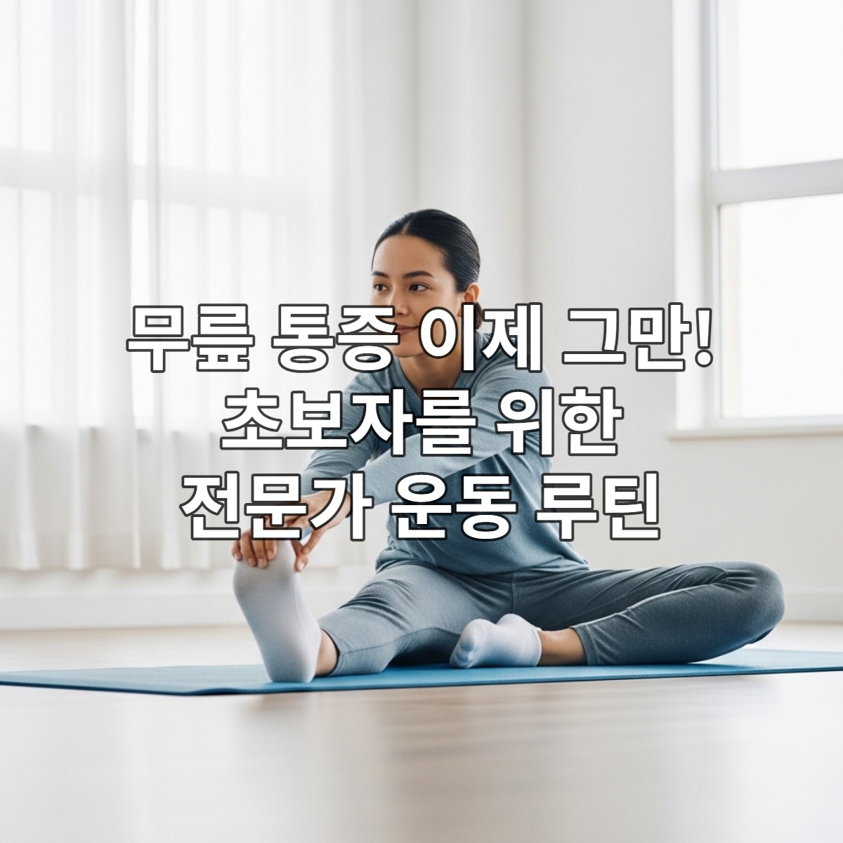 요가 매트 위에서 햄스트링을 부드럽게 스트레칭하며 무릎 통증을 완화나는 사람의 모습. 밝고 편안한 실내에서 건강한 무릎 관리를 위한 운동을 시작하는 희망적인 분위기.
