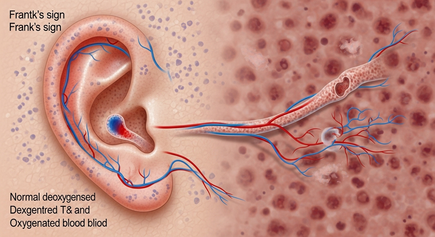 귓볼의 대각선 주름(프랭크 징후)과 미세혈관 변화를 시각적으로 보여주는 의학 일러스트레이션.