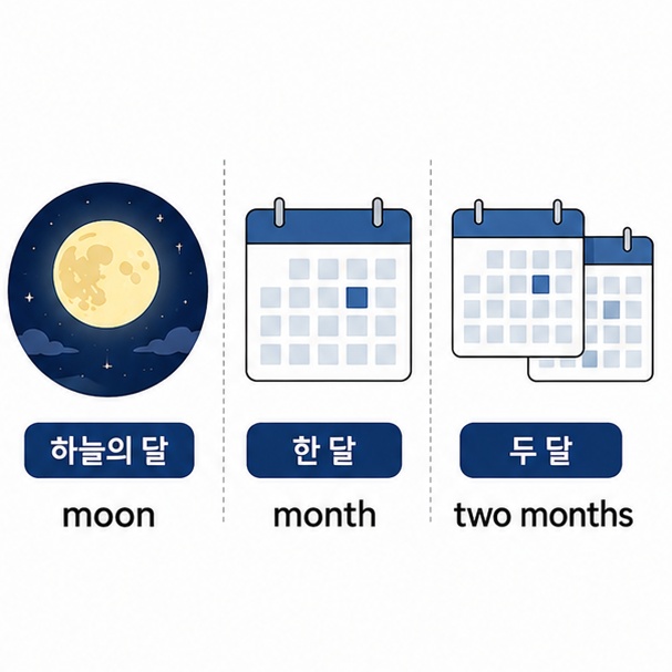하늘의 달은 moon이고 시간 단위인 한 달은 month라는 차이를 달과 달력으로 비교하는 그림