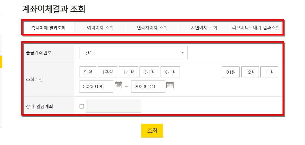 이체방식을 선택하고, 출금계좌와 조회기간을 선택하여 이체내역 조회 진행
