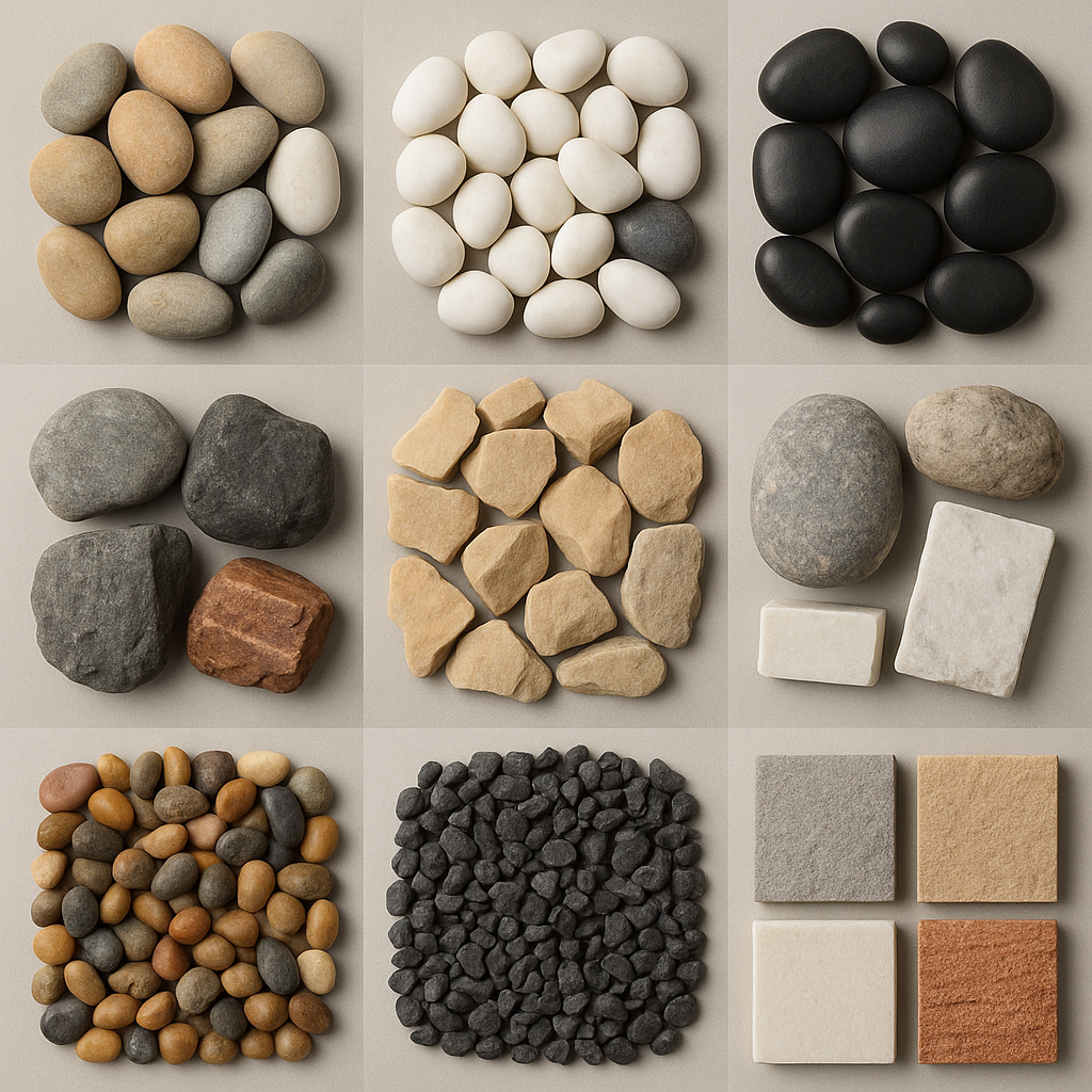 다양한 종류의 돌, 자갈, 암석이 나열된 이미지 – 조경, 인테리어, 수조용으로 활용되는 자연석과 인공석 비교