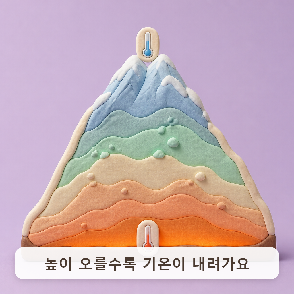 산기슭과 정상의 온도 차이를 보여 주는 산 단면 그림