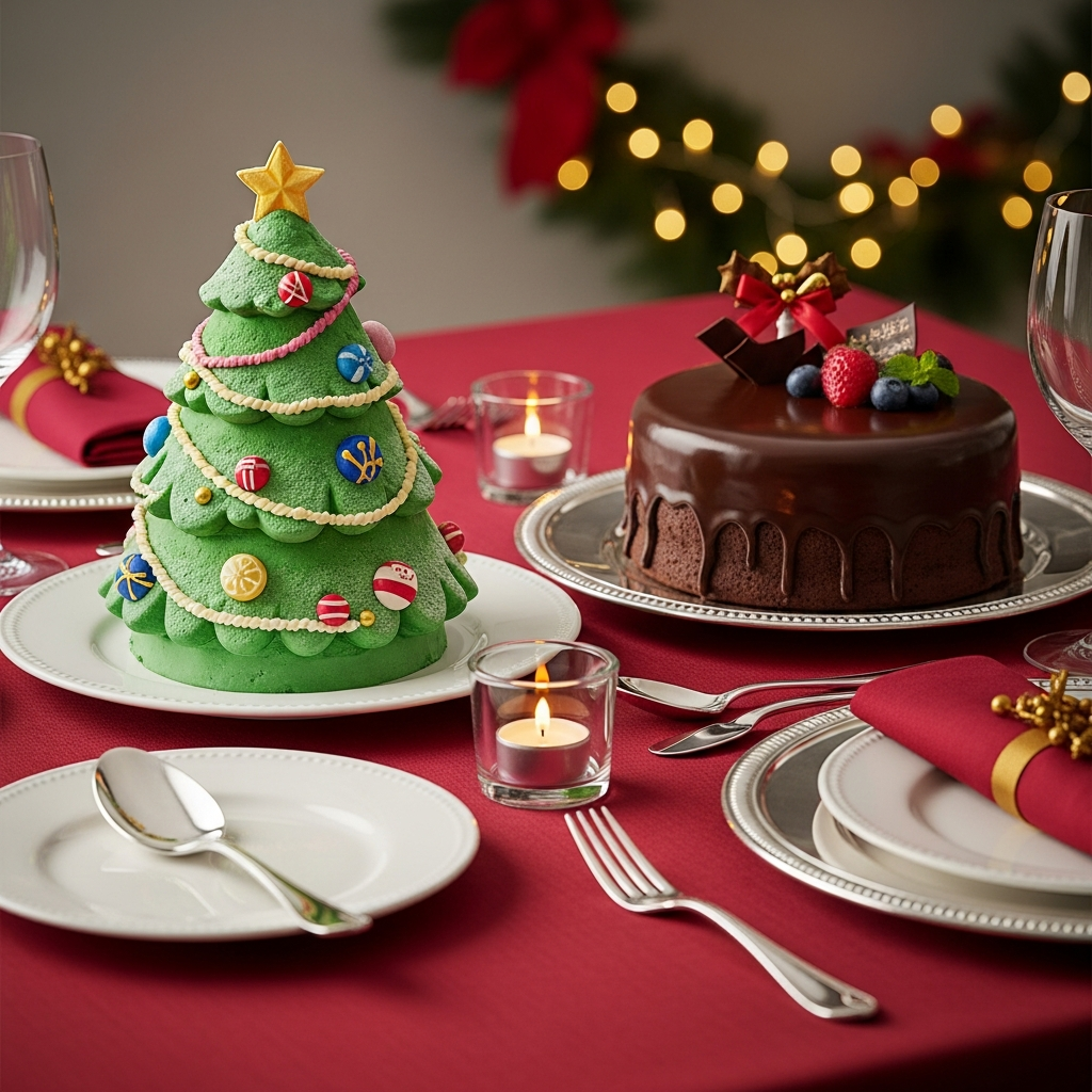 크리스마스 장식과 함께 놓인 배스킨라빈스 스타일의 입체적인 아이스크림 케이크와 스타벅스 스타일의 프리미엄 홀케이크