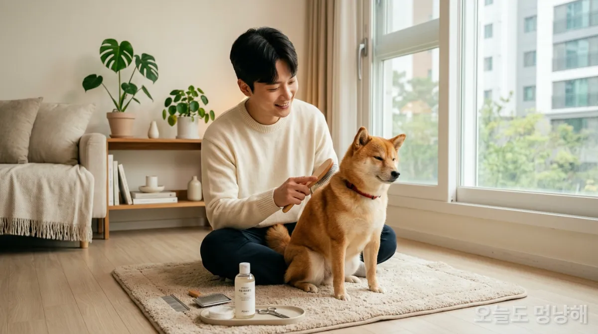한국인 남성이 강아지의 털을 부드럽게 빗어주는 모습