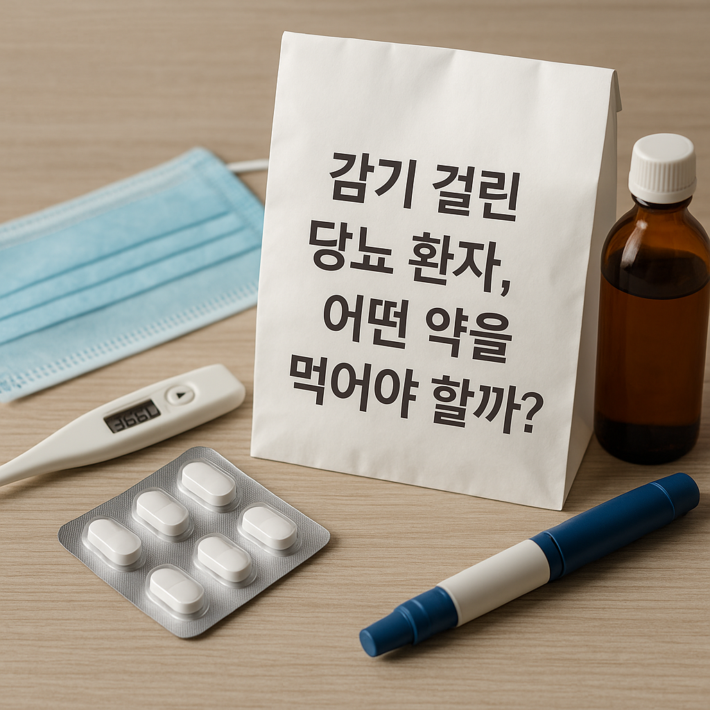 책상 위에 약봉투와 감기약, 체온계, 마스크가 놓여 있고, 약봉투에는 ‘감기 걸린 당뇨 환자, 어떤 약을 먹어야 할까?’라는 문구가 적혀 있는 실사풍 이미지. 따뜻하고 깔끔한 병원 느낌이 난다.