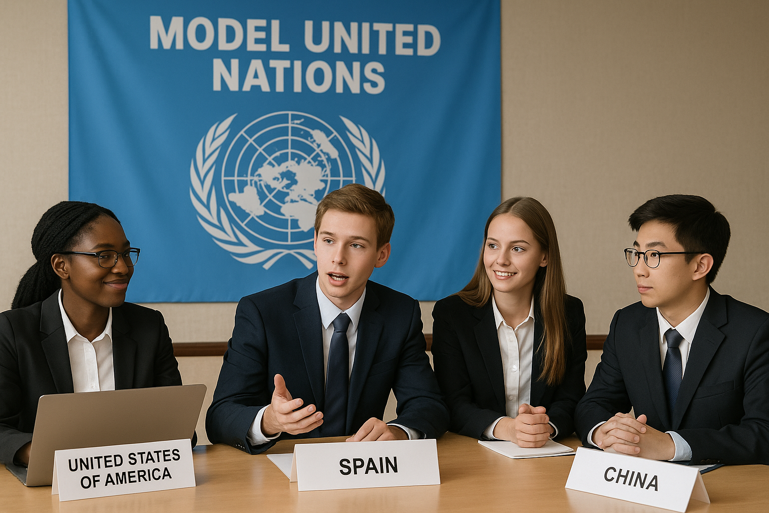 모의유엔 회의 장면 – 청소년들이 국가별 대표로 앉아 토론 중인 모습