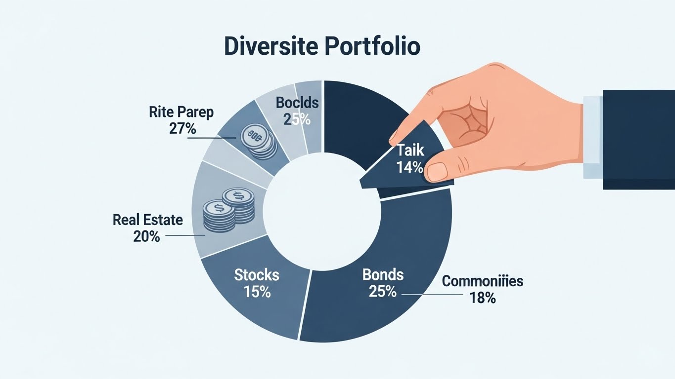 주식, 채권, 부동산 등 다양한 자산으로 분산 투자된 포트폴리오를 보여주는 원형 차트 이미지, 위험 관리를 통한 현명한 자산 배분 강조