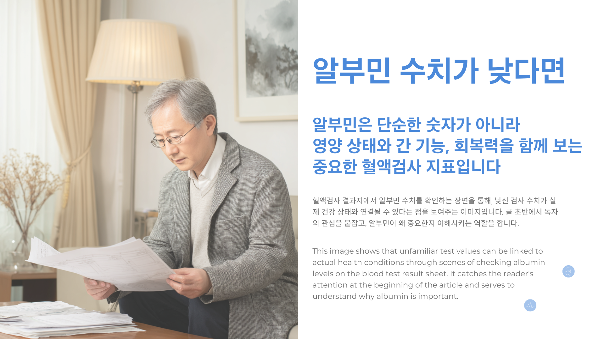 한국의 중년 또는 노년 성인이 집이나 병원 상담실에서 혈액검사 결과지를 조심스럽게 들여다보는 장면