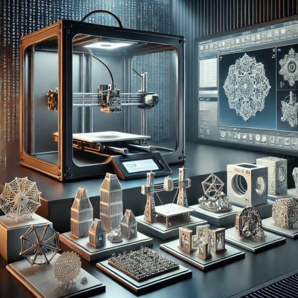 작동 중인 3D 프린터, CAD 디자인 화면, 완성된 3D 프린팅 제품 샘플