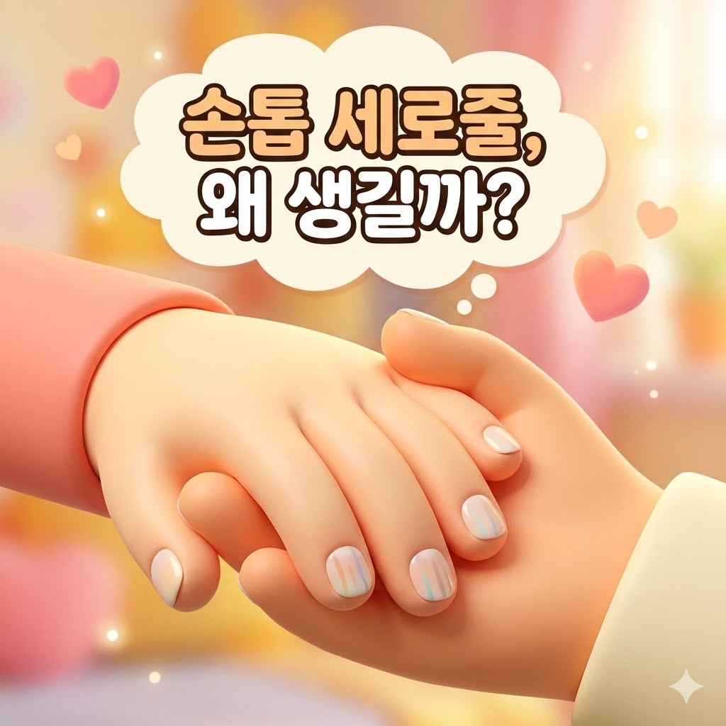 손톱에 세로줄이 있는 손을 다른 손이 부드럽게 감싸고 있는 귀여운 3D 카툰 일러스트. '손톱 세로줄, 왜 생길까?'라는 문구가 적힌 생각 풍선이 있다.