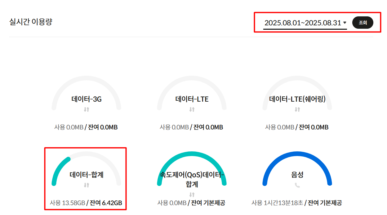 8월 데이터, 전화 사용량 캡쳐 화면